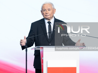 Jaroslaw Kaczynski, the leader of the right-wing Law and Justice (PiS) party, is speaking during a press conference in Warsaw, Poland, on Se...