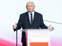 Jaroslaw Kaczynski, the leader of the right-wing Law and Justice (PiS) party, is speaking during a press conference in Warsaw, Poland, on Se...