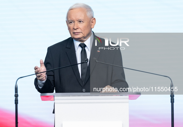 Jaroslaw Kaczynski, the leader of the right-wing Law and Justice (PiS) party, is speaking during a press conference in Warsaw, Poland, on Se...