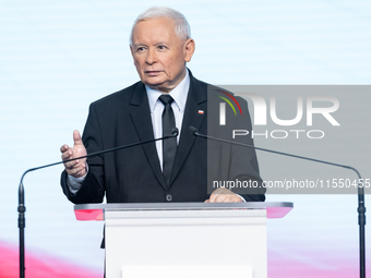 Jaroslaw Kaczynski, the leader of the right-wing Law and Justice (PiS) party, is speaking during a press conference in Warsaw, Poland, on Se...