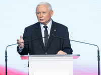 Jaroslaw Kaczynski, the leader of the right-wing Law and Justice (PiS) party, is speaking during a press conference in Warsaw, Poland, on Se...