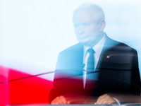 Jaroslaw Kaczynski, the leader of the right-wing Law and Justice (PiS) party, is speaking during a press conference in Warsaw, Poland, on Se...