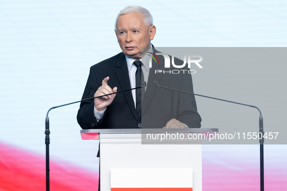 Jaroslaw Kaczynski, the leader of the right-wing Law and Justice (PiS) party, is speaking during a press conference in Warsaw, Poland, on Se...