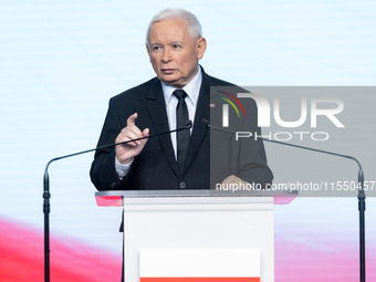 Jaroslaw Kaczynski, the leader of the right-wing Law and Justice (PiS) party, is speaking during a press conference in Warsaw, Poland, on Se...