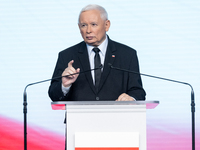 Jaroslaw Kaczynski, the leader of the right-wing Law and Justice (PiS) party, is speaking during a press conference in Warsaw, Poland, on Se...