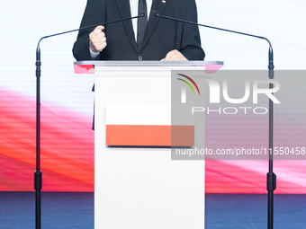 Jaroslaw Kaczynski, the leader of the right-wing Law and Justice (PiS) party, is speaking during a press conference in Warsaw, Poland, on Se...