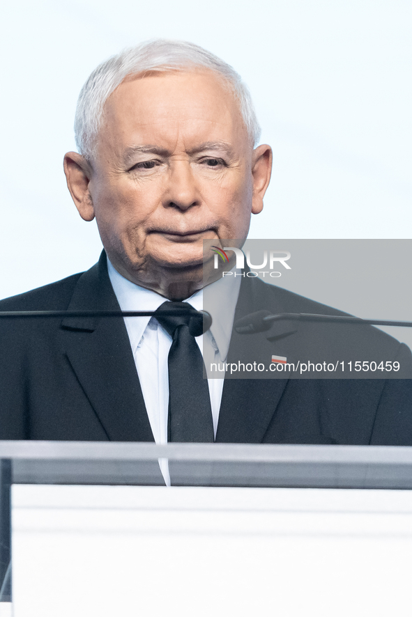 Jaroslaw Kaczynski, the leader of the right-wing Law and Justice (PiS) party, is speaking during a press conference in Warsaw, Poland, on Se...