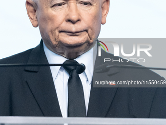 Jaroslaw Kaczynski, the leader of the right-wing Law and Justice (PiS) party, is speaking during a press conference in Warsaw, Poland, on Se...