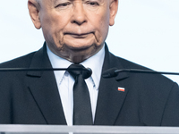 Jaroslaw Kaczynski, the leader of the right-wing Law and Justice (PiS) party, is speaking during a press conference in Warsaw, Poland, on Se...