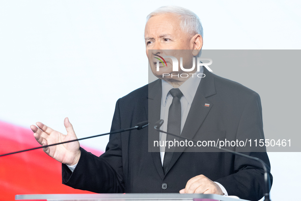 Jaroslaw Kaczynski, the leader of the right-wing Law and Justice (PiS) party, is speaking during a press conference in Warsaw, Poland, on Se...