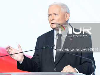 Jaroslaw Kaczynski, the leader of the right-wing Law and Justice (PiS) party, is speaking during a press conference in Warsaw, Poland, on Se...