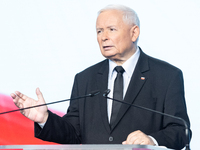 Jaroslaw Kaczynski, the leader of the right-wing Law and Justice (PiS) party, is speaking during a press conference in Warsaw, Poland, on Se...