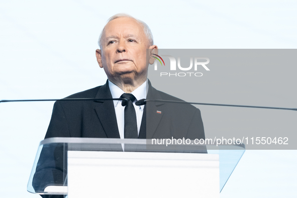 Jaroslaw Kaczynski, the leader of the right-wing Law and Justice (PiS) party, is speaking during a press conference in Warsaw, Poland, on Se...