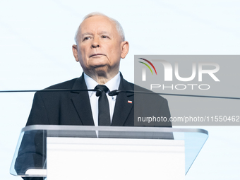 Jaroslaw Kaczynski, the leader of the right-wing Law and Justice (PiS) party, is speaking during a press conference in Warsaw, Poland, on Se...