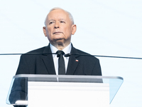 Jaroslaw Kaczynski, the leader of the right-wing Law and Justice (PiS) party, is speaking during a press conference in Warsaw, Poland, on Se...