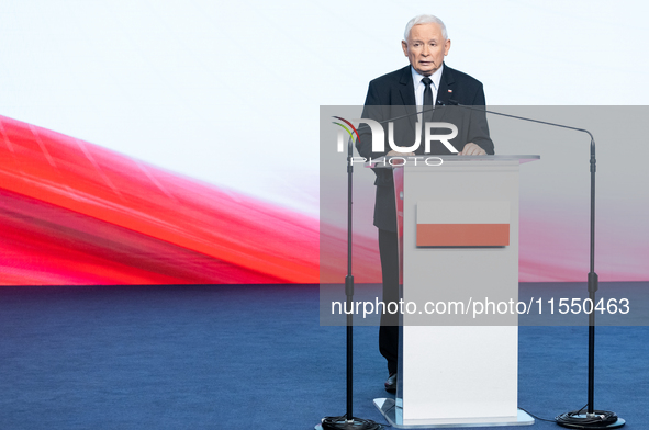 Jaroslaw Kaczynski, the leader of the right-wing Law and Justice (PiS) party, is speaking during a press conference in Warsaw, Poland, on Se...