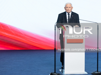 Jaroslaw Kaczynski, the leader of the right-wing Law and Justice (PiS) party, is speaking during a press conference in Warsaw, Poland, on Se...