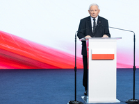 Jaroslaw Kaczynski, the leader of the right-wing Law and Justice (PiS) party, is speaking during a press conference in Warsaw, Poland, on Se...