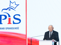 Jaroslaw Kaczynski, the leader of the right-wing Law and Justice (PiS) party, is speaking during a press conference in Warsaw, Poland, on Se...