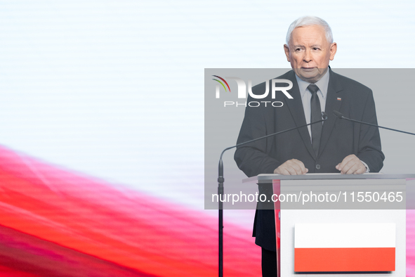 Jaroslaw Kaczynski, the leader of the right-wing Law and Justice (PiS) party, is speaking during a press conference in Warsaw, Poland, on Se...