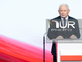 Jaroslaw Kaczynski, the leader of the right-wing Law and Justice (PiS) party, is speaking during a press conference in Warsaw, Poland, on Se...