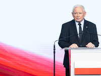 Jaroslaw Kaczynski, the leader of the right-wing Law and Justice (PiS) party, is speaking during a press conference in Warsaw, Poland, on Se...