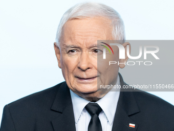 Jaroslaw Kaczynski, the leader of the right-wing Law and Justice (PiS) party, is speaking during a press conference in Warsaw, Poland, on Se...