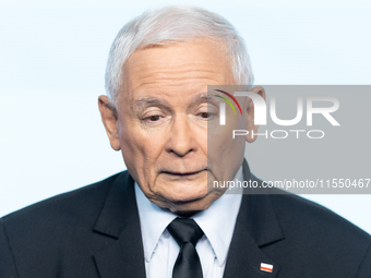 Jaroslaw Kaczynski, the leader of the right-wing Law and Justice (PiS) party, is speaking during a press conference in Warsaw, Poland, on Se...