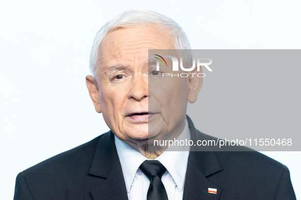 Jaroslaw Kaczynski, the leader of the right-wing Law and Justice (PiS) party, is speaking during a press conference in Warsaw, Poland, on Se...