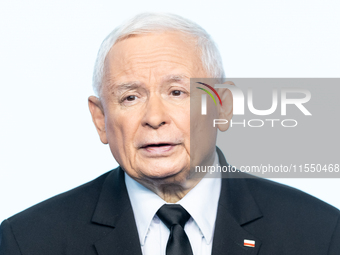 Jaroslaw Kaczynski, the leader of the right-wing Law and Justice (PiS) party, is speaking during a press conference in Warsaw, Poland, on Se...