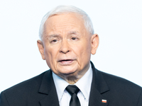 Jaroslaw Kaczynski, the leader of the right-wing Law and Justice (PiS) party, is speaking during a press conference in Warsaw, Poland, on Se...