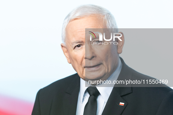 Jaroslaw Kaczynski, the leader of the right-wing Law and Justice (PiS) party, is speaking during a press conference in Warsaw, Poland, on Se...