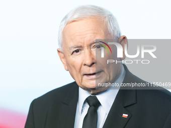 Jaroslaw Kaczynski, the leader of the right-wing Law and Justice (PiS) party, is speaking during a press conference in Warsaw, Poland, on Se...