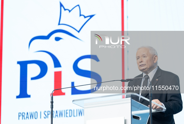 Jaroslaw Kaczynski, the leader of the right-wing Law and Justice (PiS) party, is speaking during a press conference in Warsaw, Poland, on Se...