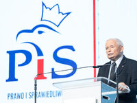 Jaroslaw Kaczynski, the leader of the right-wing Law and Justice (PiS) party, is speaking during a press conference in Warsaw, Poland, on Se...