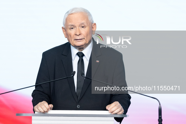 Jaroslaw Kaczynski, the leader of the right-wing Law and Justice (PiS) party, is speaking during a press conference in Warsaw, Poland, on Se...