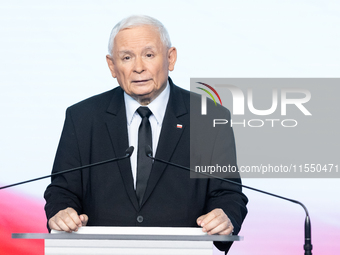 Jaroslaw Kaczynski, the leader of the right-wing Law and Justice (PiS) party, is speaking during a press conference in Warsaw, Poland, on Se...