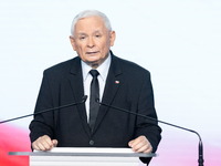 Jaroslaw Kaczynski, the leader of the right-wing Law and Justice (PiS) party, is speaking during a press conference in Warsaw, Poland, on Se...