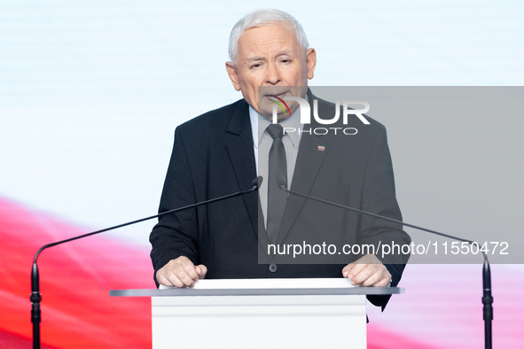 Jaroslaw Kaczynski, the leader of the right-wing Law and Justice (PiS) party, is speaking during a press conference in Warsaw, Poland, on Se...