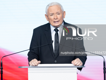 Jaroslaw Kaczynski, the leader of the right-wing Law and Justice (PiS) party, is speaking during a press conference in Warsaw, Poland, on Se...