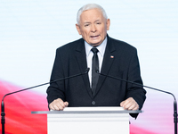 Jaroslaw Kaczynski, the leader of the right-wing Law and Justice (PiS) party, is speaking during a press conference in Warsaw, Poland, on Se...