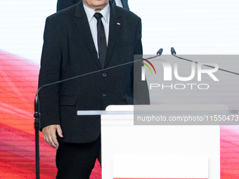 Jaroslaw Kaczynski, the leader of the right-wing Law and Justice (PiS) party and Mariusz Blaszczak during a press conference in Warsaw, Pola...