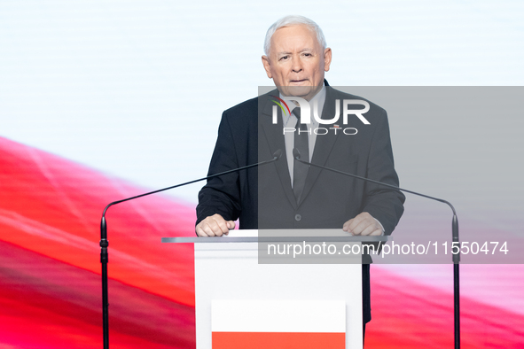 Jaroslaw Kaczynski, the leader of the right-wing Law and Justice (PiS) party, is speaking during a press conference in Warsaw, Poland, on Se...