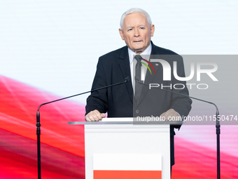 Jaroslaw Kaczynski, the leader of the right-wing Law and Justice (PiS) party, is speaking during a press conference in Warsaw, Poland, on Se...