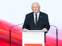 Jaroslaw Kaczynski, the leader of the right-wing Law and Justice (PiS) party, is speaking during a press conference in Warsaw, Poland, on Se...