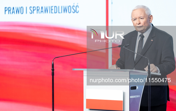 Jaroslaw Kaczynski, the leader of the right-wing Law and Justice (PiS) party, is speaking during a press conference in Warsaw, Poland, on Se...