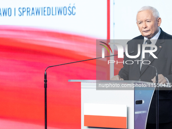 Jaroslaw Kaczynski, the leader of the right-wing Law and Justice (PiS) party, is speaking during a press conference in Warsaw, Poland, on Se...