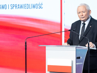 Jaroslaw Kaczynski, the leader of the right-wing Law and Justice (PiS) party, is speaking during a press conference in Warsaw, Poland, on Se...