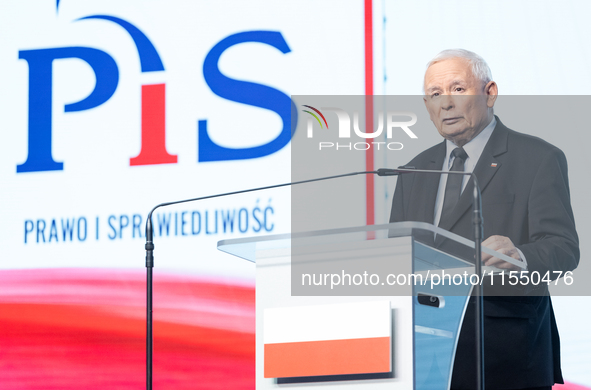 Jaroslaw Kaczynski, the leader of the right-wing Law and Justice (PiS) party, is speaking during a press conference in Warsaw, Poland, on Se...