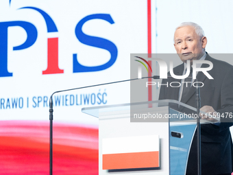 Jaroslaw Kaczynski, the leader of the right-wing Law and Justice (PiS) party, is speaking during a press conference in Warsaw, Poland, on Se...